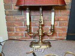 Vintage French Style Solid Brass Bouillotte Table Lamp withRed Tole Shade 23 tall