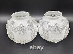 Vintage Frosted Glass Lamp Shade Globes Embosses Scrolls Set 2