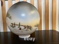 Vintage GWTW Oil Lamp Globe Shade, Gorgeous Hand-painted Landscape on Milk Glass