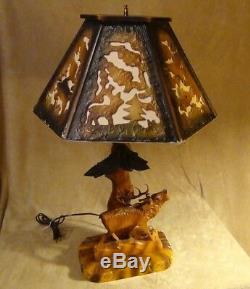 Vintage Germany Black Forest Carved Wood Deer or Stag Lamp & Shade