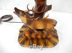 Vintage Germany Black Forest Carved Wood Deer or Stag Lamp & Shade. New wiring