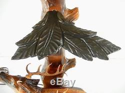Vintage Germany Black Forest Carved Wood Deer or Stag Lamp & Shade. New wiring