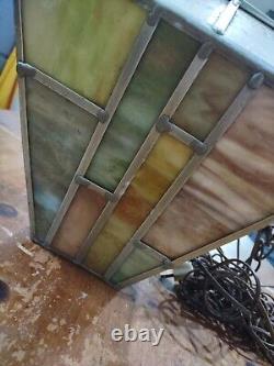 Vintage Glass Stain Glass Lamp Shade Hanging Light Fixture Green 1970s