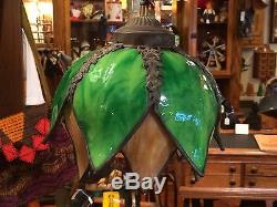 Vintage Green & Carmel Tulip Petal Shaped Stained Glass Slag Hanging Lamp/Shade