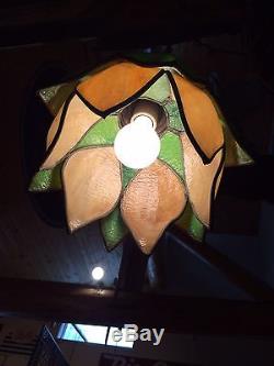 Vintage Green & Carmel Tulip Petal Shaped Stained Glass Slag Hanging Lamp/Shade