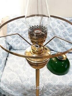 Vintage Green Enameled Metal Shade Banker's Floor Standing Brass Plated Lamp