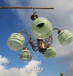 Vintage Green Glass Art Deco Shades Chandelier Light Lamp Chandelier Brass Gilt