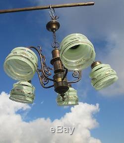 Vintage Green Glass Art Deco Shades Chandelier Light Lamp Chandelier Brass Gilt