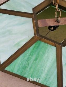 Vintage Green Slag Glass 6 Sided Hanging Light Nice Condition, Works Good