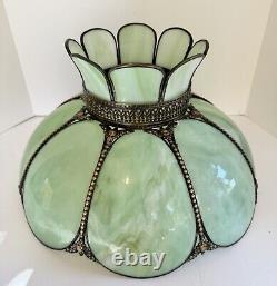 Vintage Green Slag Glass Lamp Shade Large Eight Panel Victorian 18.5Dx11H