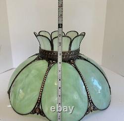 Vintage Green Slag Glass Lamp Shade Large Eight Panel Victorian 18.5Dx11H