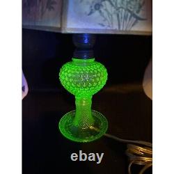 Vintage Green Uranium Hobnail Glass Boudoir Table Lamp With Original Shade GLOWS