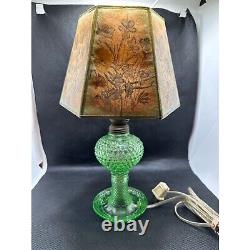 Vintage Green Uranium Hobnail Glass Boudoir Table Lamp With Original Shade GLOWS