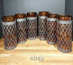 Vintage Hand Blown Caged Amber Glass Lamp Light Shade LOT OF 6