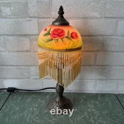 Vintage Hand Painted Floral Roses Green Boudoir 15 Lamp with Beaded Fringe