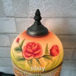 Vintage Hand Painted Floral Roses Green Boudoir 15 Lamp with Beaded Fringe