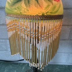 Vintage Hand Painted Floral Roses Green Boudoir 15 Lamp with Beaded Fringe