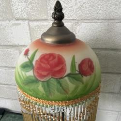 Vintage Hand Painted Floral Roses Green Boudoir 15 Lamp with Beaded Fringe
