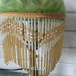 Vintage Hand Painted Floral Roses Green Boudoir 15 Lamp with Beaded Fringe