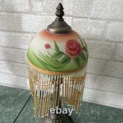 Vintage Hand Painted Floral Roses Green Boudoir 15 Lamp with Beaded Fringe