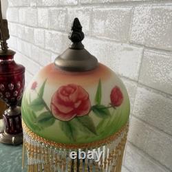 Vintage Hand Painted Floral Roses Green Boudoir 15 Lamp with Beaded Fringe
