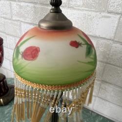 Vintage Hand Painted Floral Roses Green Boudoir 15 Lamp with Beaded Fringe