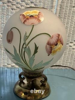 Vintage Hand-Painted Frosted Glass Poppy Globe Table Lamp MCM Hollywood Regency