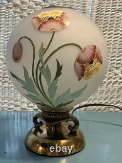 Vintage Hand-Painted Frosted Glass Poppy Globe Table Lamp MCM Hollywood Regency
