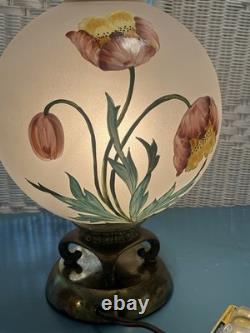 Vintage Hand-Painted Frosted Glass Poppy Globe Table Lamp MCM Hollywood Regency