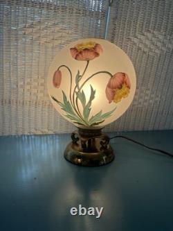 Vintage Hand-Painted Frosted Glass Poppy Globe Table Lamp MCM Hollywood Regency