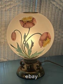 Vintage Hand-Painted Frosted Glass Poppy Globe Table Lamp MCM Hollywood Regency