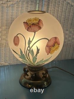 Vintage Hand-Painted Frosted Glass Poppy Globe Table Lamp MCM Hollywood Regency