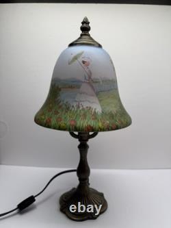Vintage Hand Painted Glass Table Lamp Victorian Lady Floral Meadow Shade 15 H