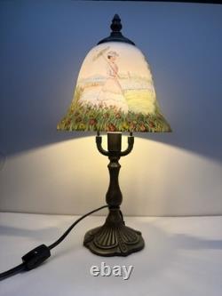 Vintage Hand Painted Glass Table Lamp Victorian Lady Floral Meadow Shade 15 H