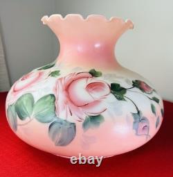 Vintage Hand Painted Hurricane Lamp Shade Globe 10 Pink Roses Floral Large