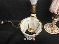 Vintage Hand Painted Pair Cast Iron Boudoir Lamps & Shades Made in USA
