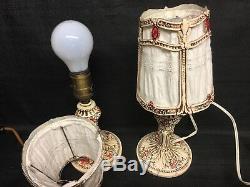 Vintage Hand Painted Pair Cast Iron Boudoir Lamps & Shades Made in USA