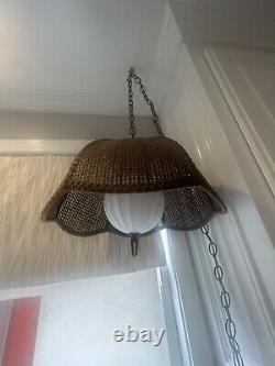Vintage Hanging Swag Lamp withCane Shade & Original Diffuser