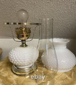 Vintage Hobnail Milk Glass Base Shade Oil Lamp Electric Hurricane Chimney 18