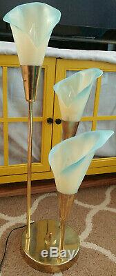 Vintage Hollywood Regency Calla Lily Blue Flower Shades Brass 3 Light Lamp