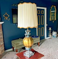 Vintage Hollywood Regency Cherub Table Lamp with Amber Glass Urn & Pleated Shade