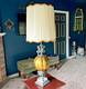 Vintage Hollywood Regency Cherub Table Lamp With Amber Glass Urn & Pleated Shade