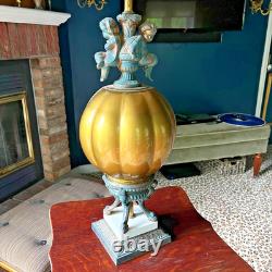 Vintage Hollywood Regency Cherub Table Lamp with Amber Glass Urn & Pleated Shade