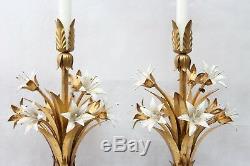 Vintage Hollywood Regency Italian Gold Gilt Tole Flower Lamps Original Shades
