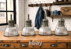 Vintage Holophane Industrial Factory Pendant Light Ribbed Glass Lamp Shade