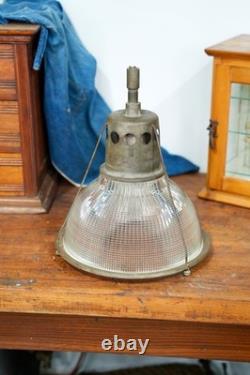 Vintage Holophane Industrial Factory Pendant Light Ribbed Glass Lamp Shade