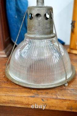 Vintage Holophane Industrial Factory Pendant Light Ribbed Glass Lamp Shade