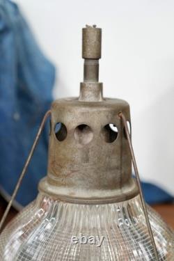 Vintage Holophane Industrial Factory Pendant Light Ribbed Glass Lamp Shade