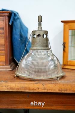 Vintage Holophane Industrial Factory Pendant Light Ribbed Glass Lamp Shade