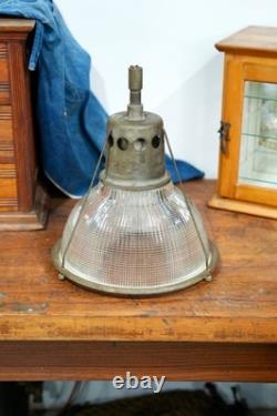 Vintage Holophane Industrial Factory Pendant Light Ribbed Glass Lamp Shade